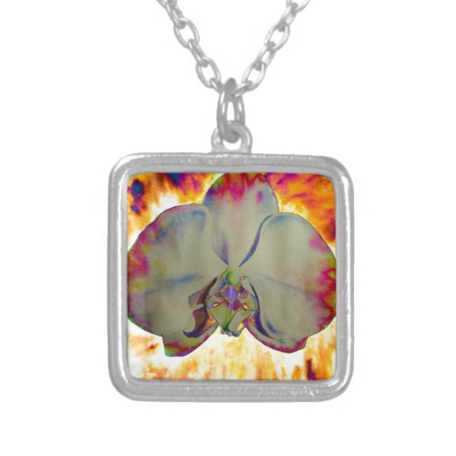 Fire Orchid abstract tropical floral painting Silver Plated Necklace