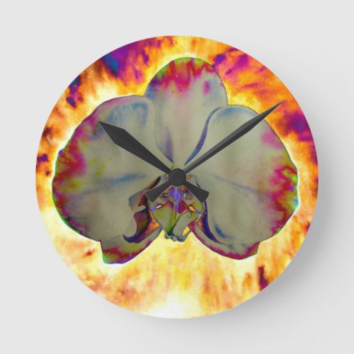 Fire Orchid abstract vibrant watercolor floral Round Clock