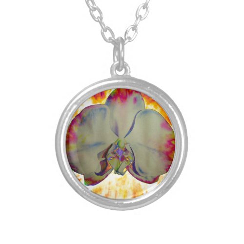 Fire Orchid abstract vibrant watercolor floral Silver Plated Necklace