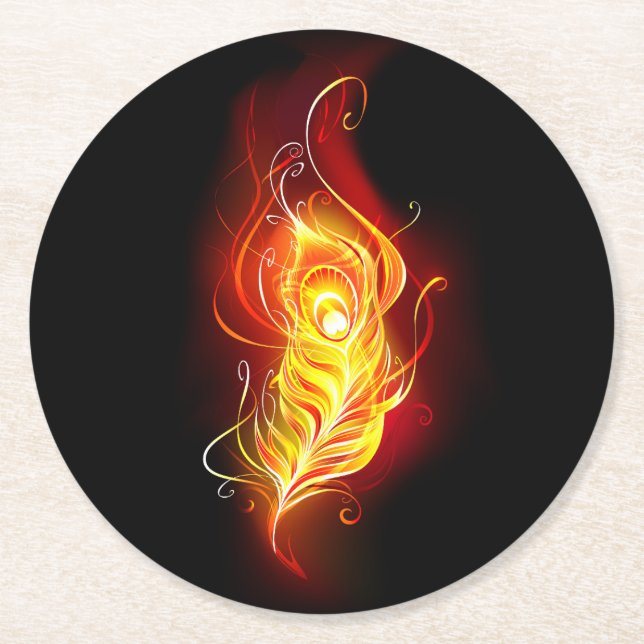 Fire Peacock Feather Round Paper Coaster (Front)