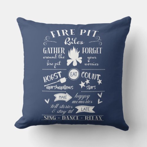 Fire Pit Rules Navy Blue and White Personalized Outdoor Pillow