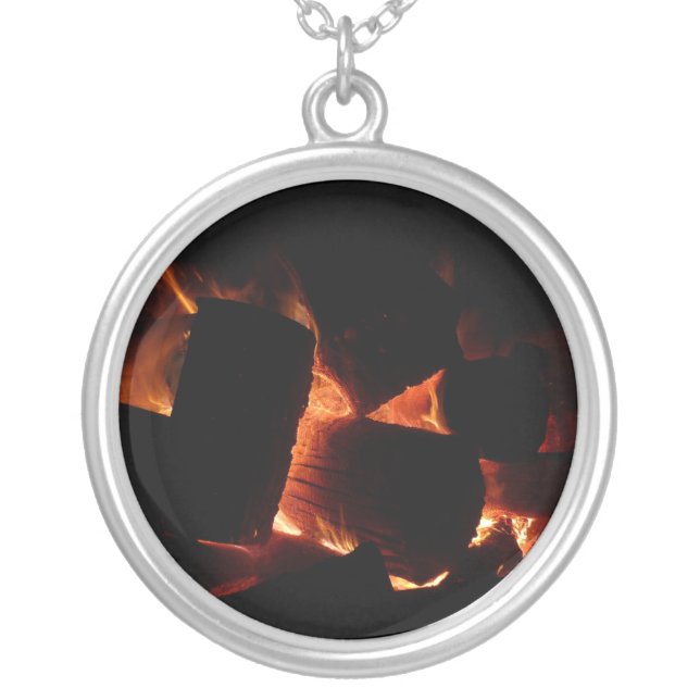 Fire Pit Winter Burning Logs Silver Plated Necklace (Front)