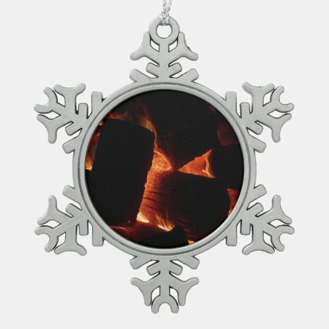 Fire Pit Winter Burning Logs Snowflake Pewter Christmas Ornament (Front)