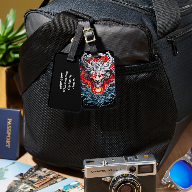 Fire Red Flame Mythical Dragon Head Luggage Tag (Front & Back)