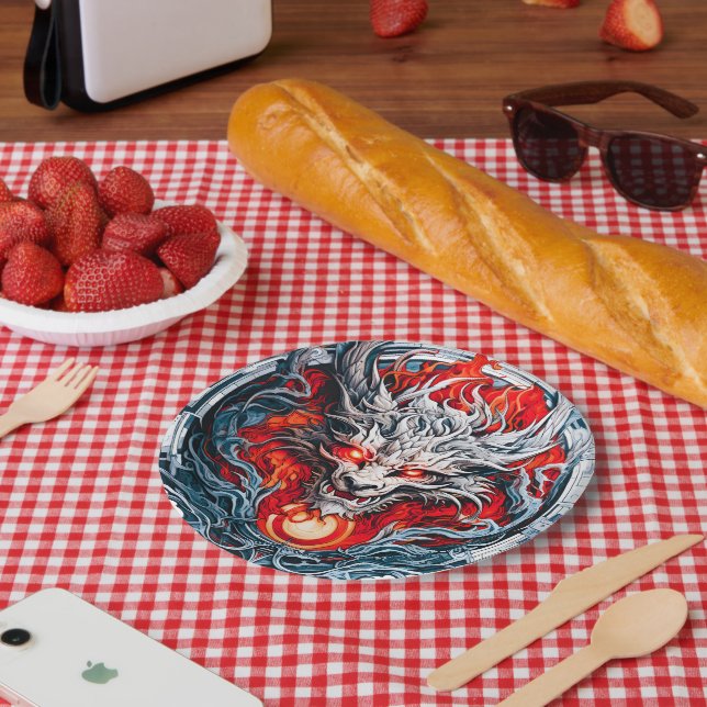 Fire Red Flame Mythical Dragon Head Paper Plates (Picnic)
