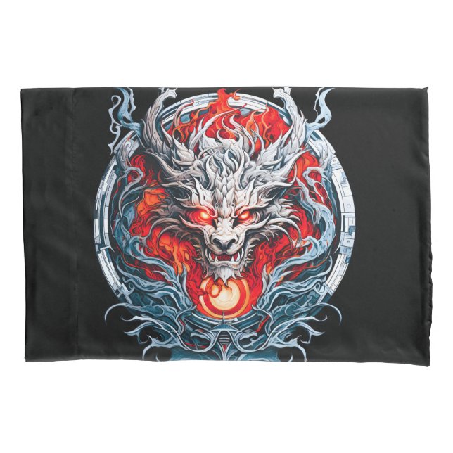 Fire Red Flame Mythical Dragon Head Pillow Case (Front)