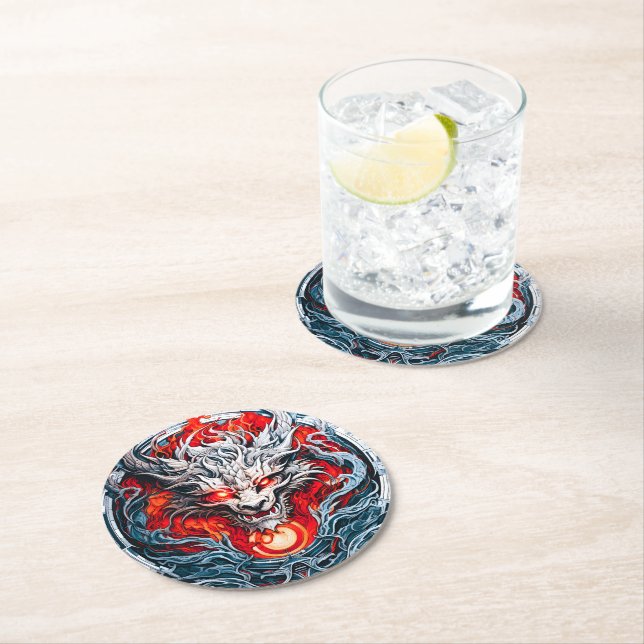 Fire Red Flame Mythical Dragon Head Round Paper Coaster (Insitu)