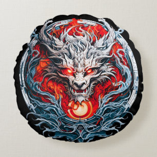 Fire Red Flame Mythical Dragon Head Round Pillow