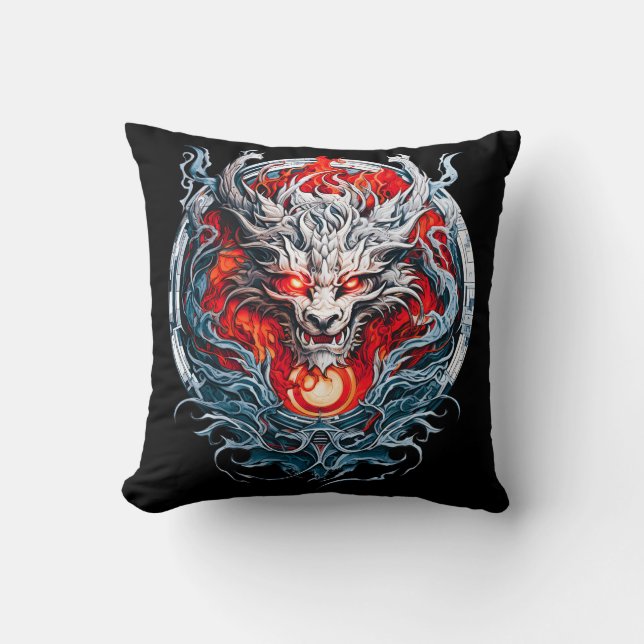 Fire Red Flame Mythical Dragon Head Throw Pillow (Front)