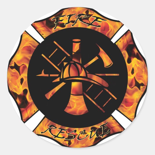 Fire Rescue Flaming Maltese Cross Classic Round Sticker (Front)