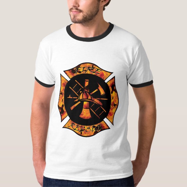 Fire Rescue Flaming Maltese Cross T-Shirt (Front)