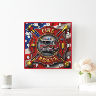 Fire Rescue Heroism American Flag  Square Wall Clock