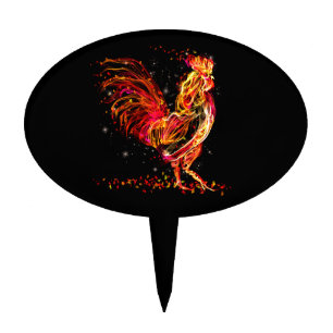 Fire rooster. Flaming animal sparkle cool design Cake Topper