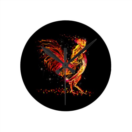 Fire rooster. Flaming animal sparkle cool design Round Clock