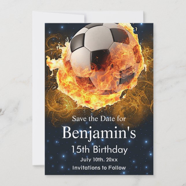 Fire Soccer, Football, Futbol Birthday Save The Date (Front)