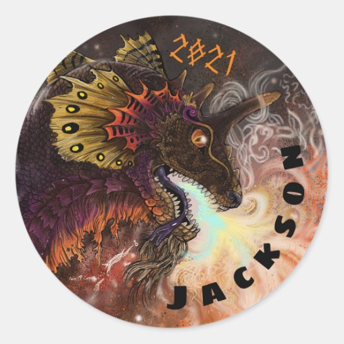 Fire Spitter Dragon Custom Name Classic Round Sticker