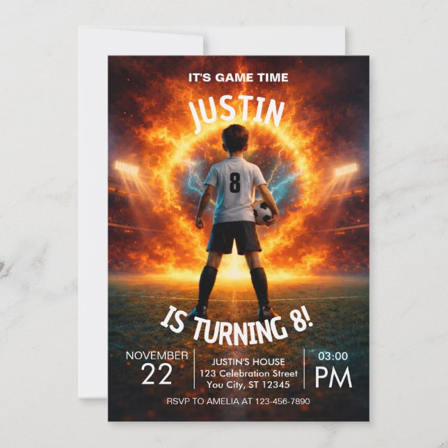 Fire Stadium Theme Boys 8th Birthday Party Invitation (Front)