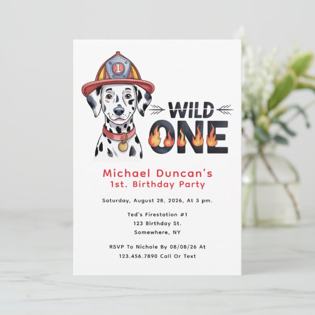 Fire Station Wild One Dalmatian Dog 1st Birthday Invitation (Standing Front)