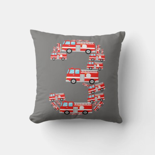 Fire Truck 3rd Birthday Boy 3 Year Old Toddler Throw Pillow