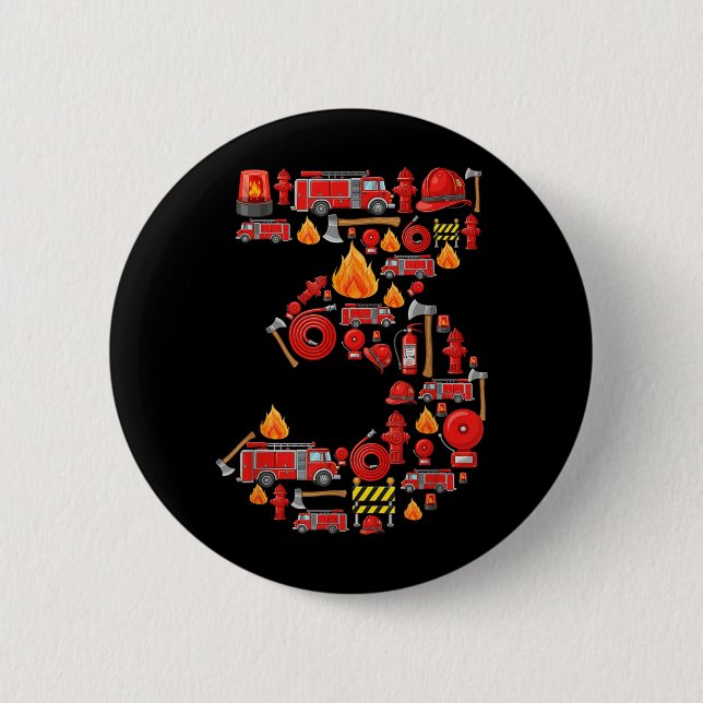 Fire Truck 3rd Birthday Boy Firefighter 3 Year Old Button (Front)