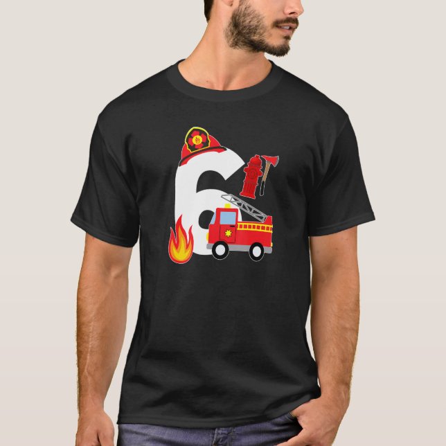 Fire Truck 6 Year Old Firefighter 6th Birthday Boy T-Shirt (Front)