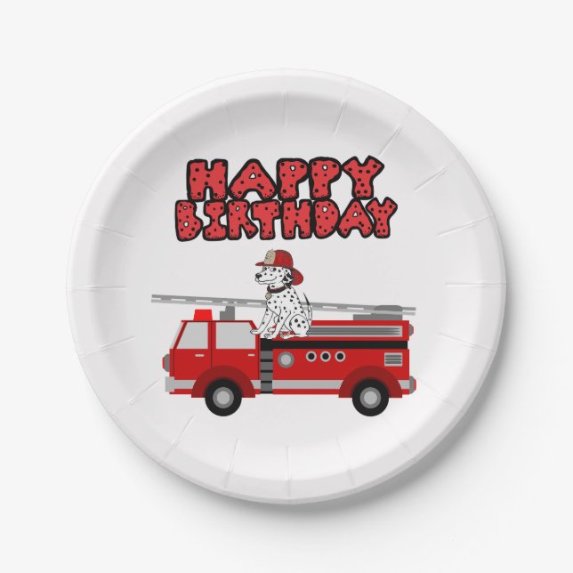 Fire Truck And Dalmatian Dog Happy Birthday Paper Plates (Front)