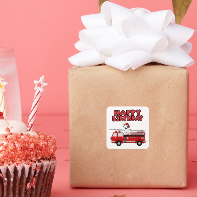 Fire Truck And Dalmatian Dog Happy Birthday Square Sticker (Party)