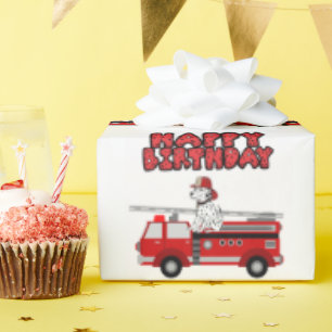 Fire Truck And Dalmatian Dog Happy Birthday Wrapping Paper