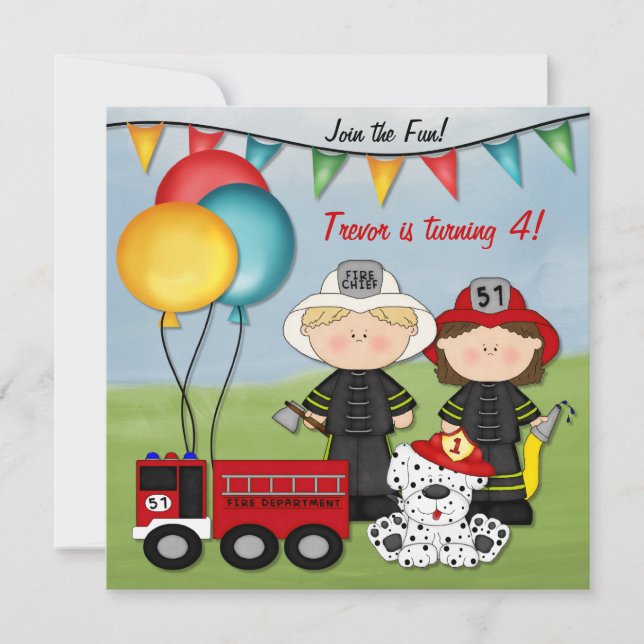 Fire Truck and Little Fireman Birthday Invitation (Front)