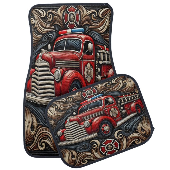 Fire Truck Art on Leather Car Floor Mat (Set)