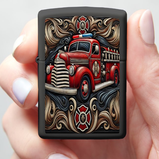 Fire Truck Art on Leather Zippo Lighter (In Hand)