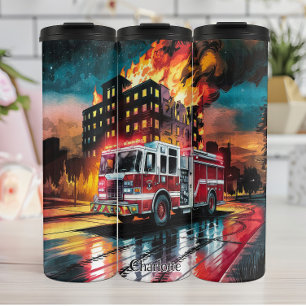 Fire Truck at Burning Building Thermal Tumbler