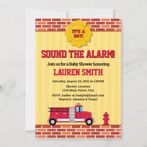 Fire Truck Baby Shower Invitation Firefighter Boy