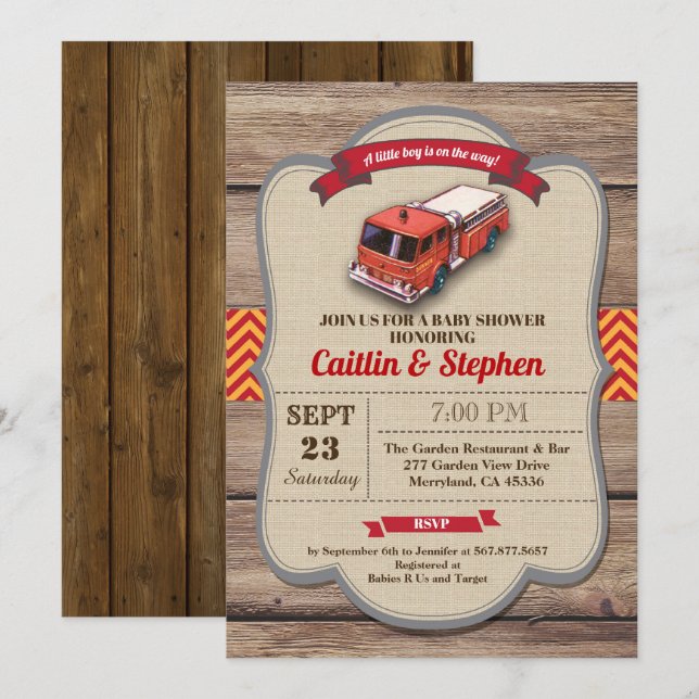 Fire truck baby shower invitation. Vintage red Invitation (Front/Back)