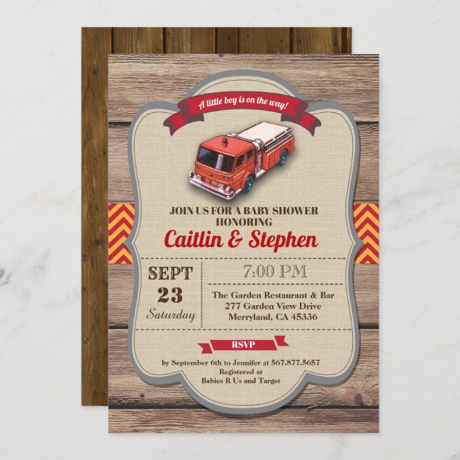 Fire truck baby shower invitation. Vintage red Invitation (Front/Back)