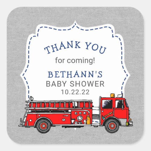 Fire Truck baby shower or birthday party favor Square Sticker