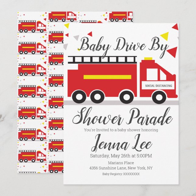 Fire Truck Baby Shower Parade Invitation (Front/Back)