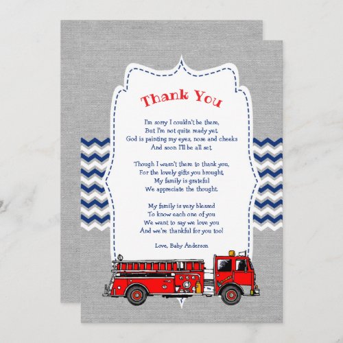 Fire Truck Baby Shower thank you note Invitation