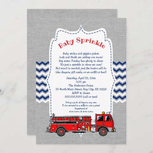 Fire Truck Baby Sprinkle invitation navy gray Invitation