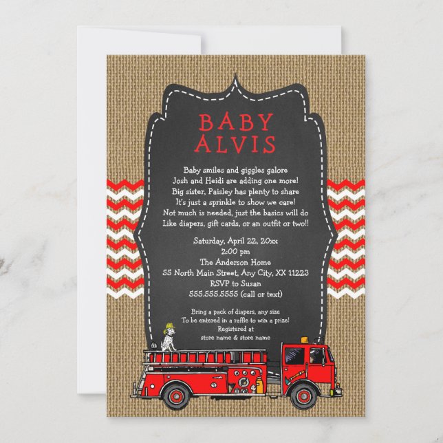 Fire Truck Baby Sprinkle WITH NAME boy baby shower Invitation (Front)