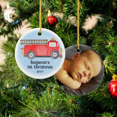 Fire Truck Babys 1st Christmas Photo Keepsake Ceramic Ornament