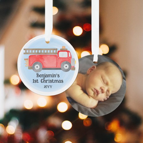 Fire Truck Babys 1st Christmas Photo Keepsake Ornament