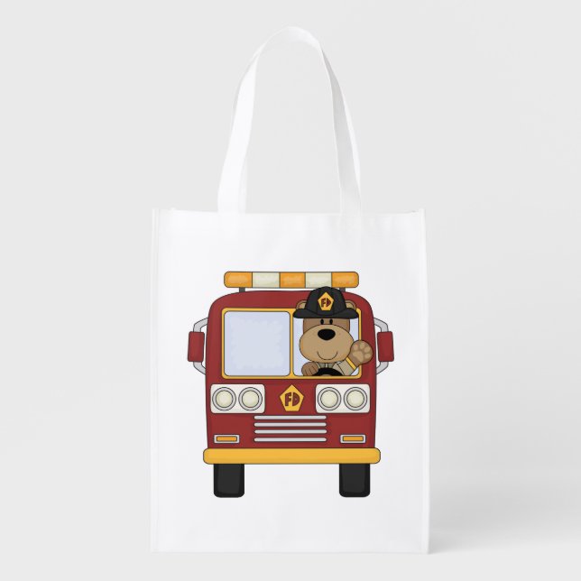 Fire Truck Bear Reusable Grocery Bag (Front)