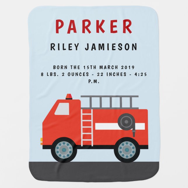 Fire Truck Birth Stats Blanket (Front)