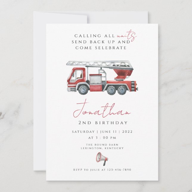 Fire truck Birthday, firefighter Invitation (Front)
