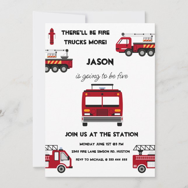 Fire Truck Birthday Invitation Fireman Party (Front)