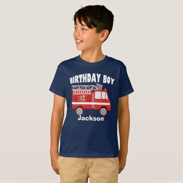Fire Truck Birthday Party Boy Custom Kids T-Shirt (Front Full)