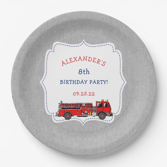 Fire Truck birthday party decor, firefighter theme Paper Plates (Front)