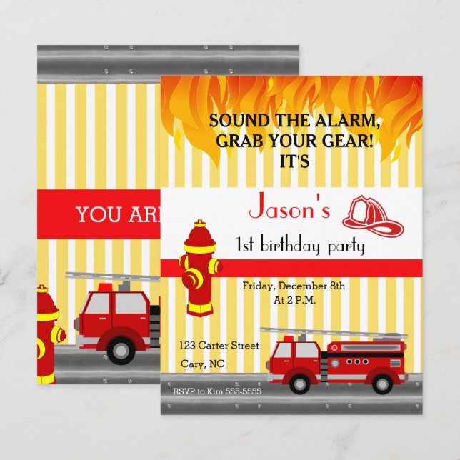 Fire truck birthday party invitation (Front/Back)