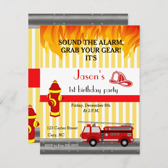 Fire truck birthday party invitation (Front/Back)